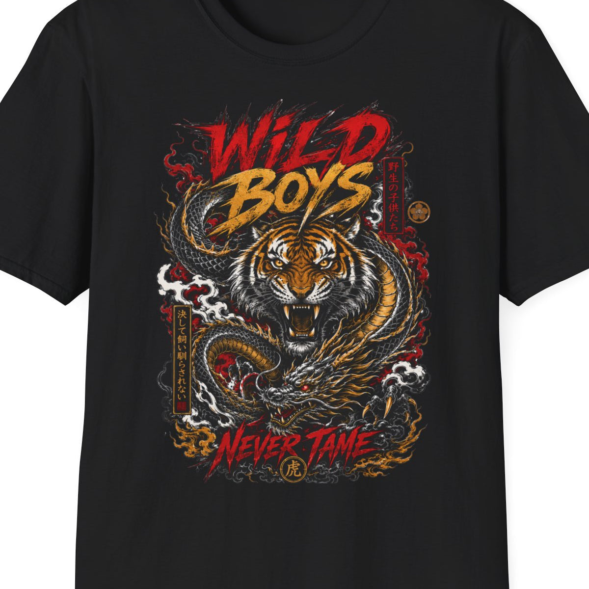 Wild Boys Never Tame T-Shirt schwarz Tiger Dragon Design Nahaufnahme Japanese Streetwear