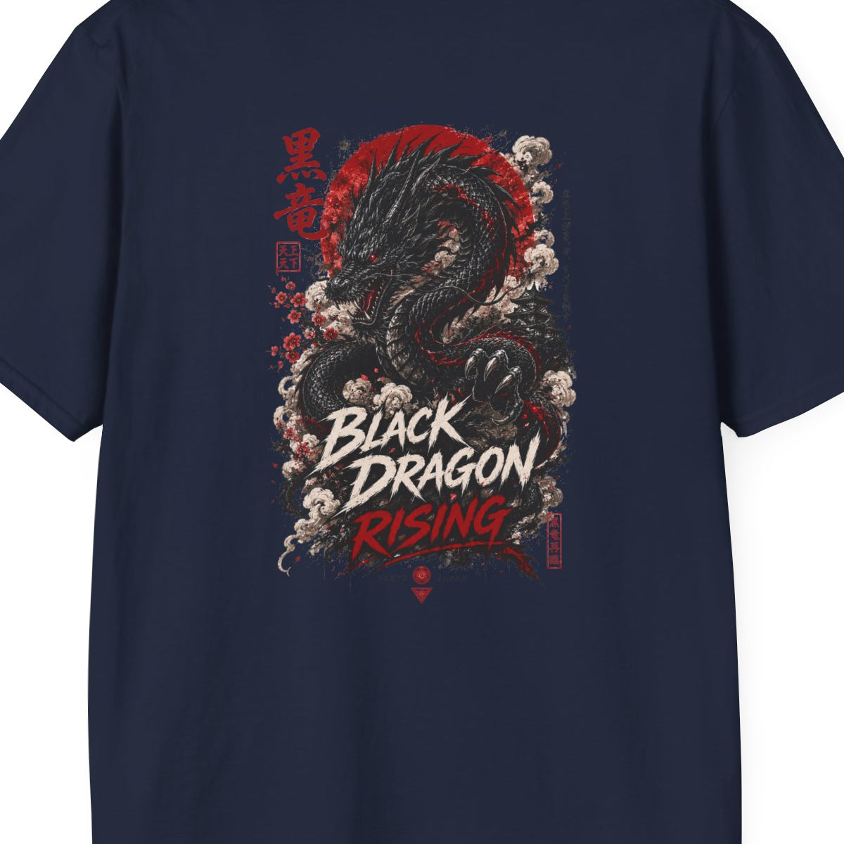 Black Dragon Rising T-Shirt Navy — Kanji Drachen Japanese Streetwear Rückenprint