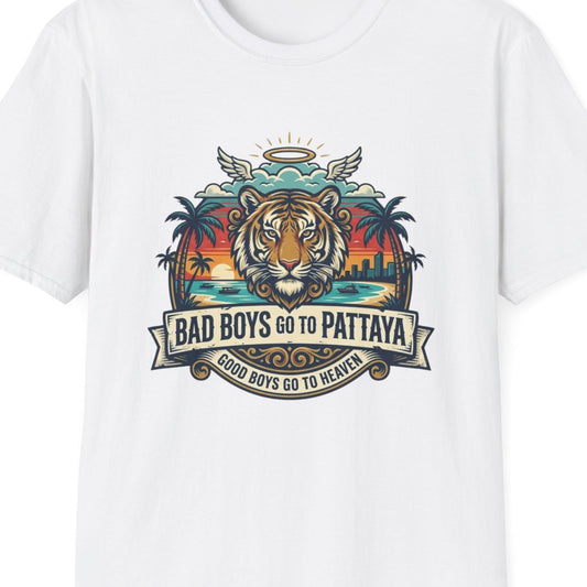 Thailand Tiger T-Shirt weiss Bad Boys Pattaya Souvenir Graphic Tee Streetwear – Design Nahaufnahme