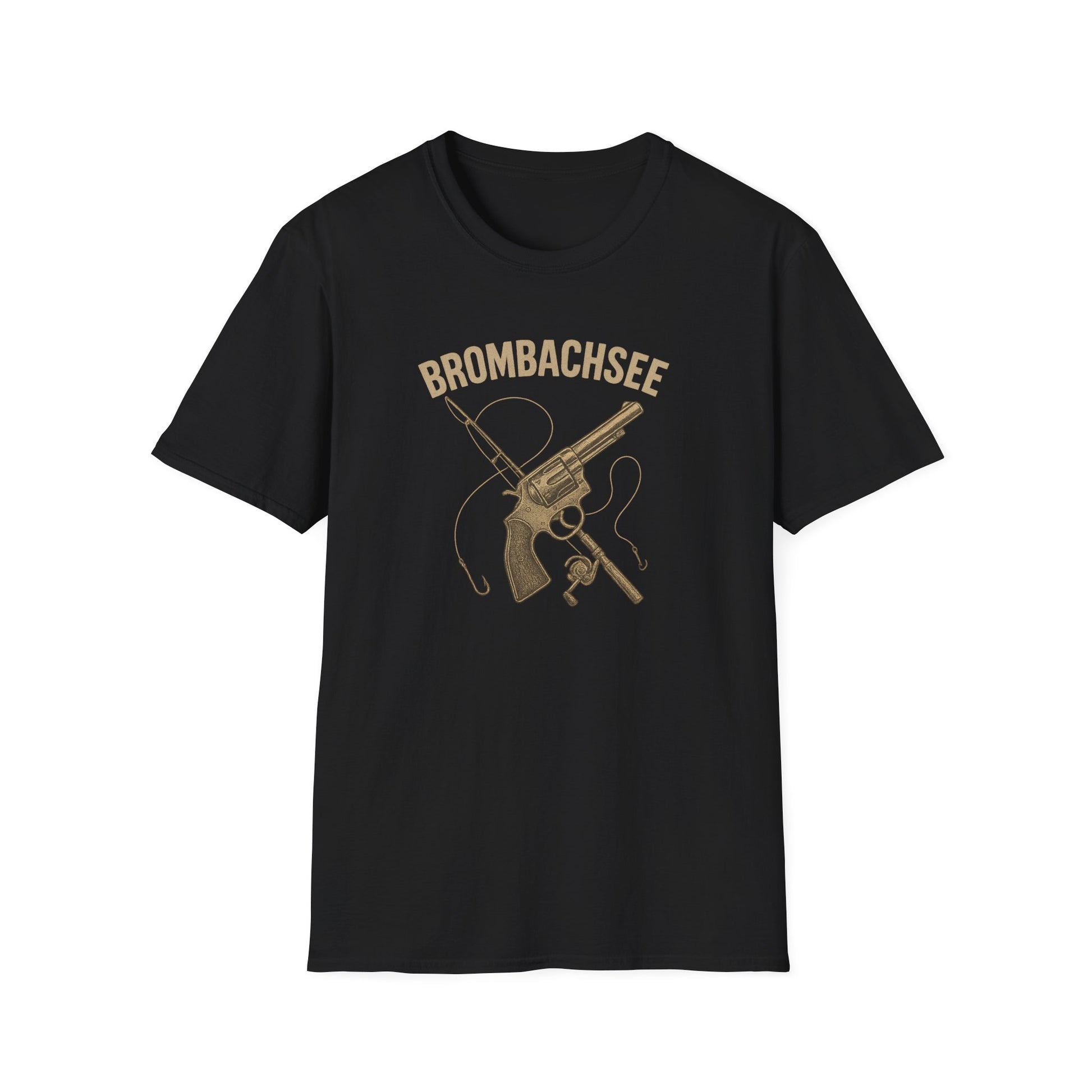 Brombachsee T-Shirt schwarz — Geschenk für Angler Vintage Angel-Revolver Vorderansicht