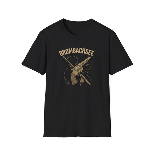 Brombachsee T-Shirt schwarz — Geschenk für Angler Vintage Angel-Revolver Vorderansicht