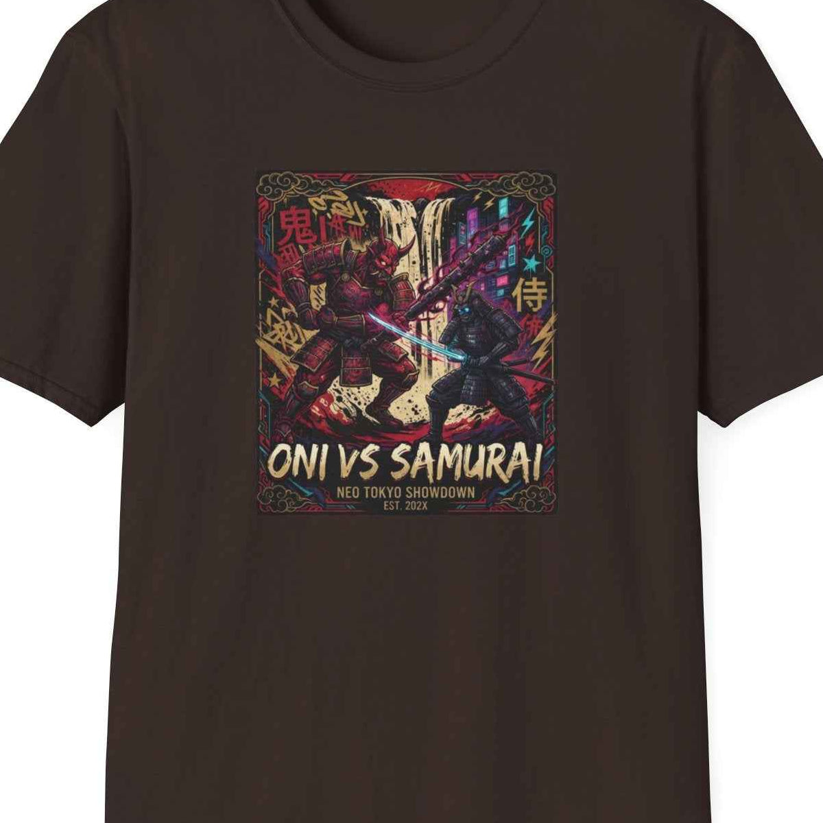 Oni vs Samurai T-Shirt – Japanese Streetwear Anime Kanji Herren Damen Unisex – Design Nahaufnahme