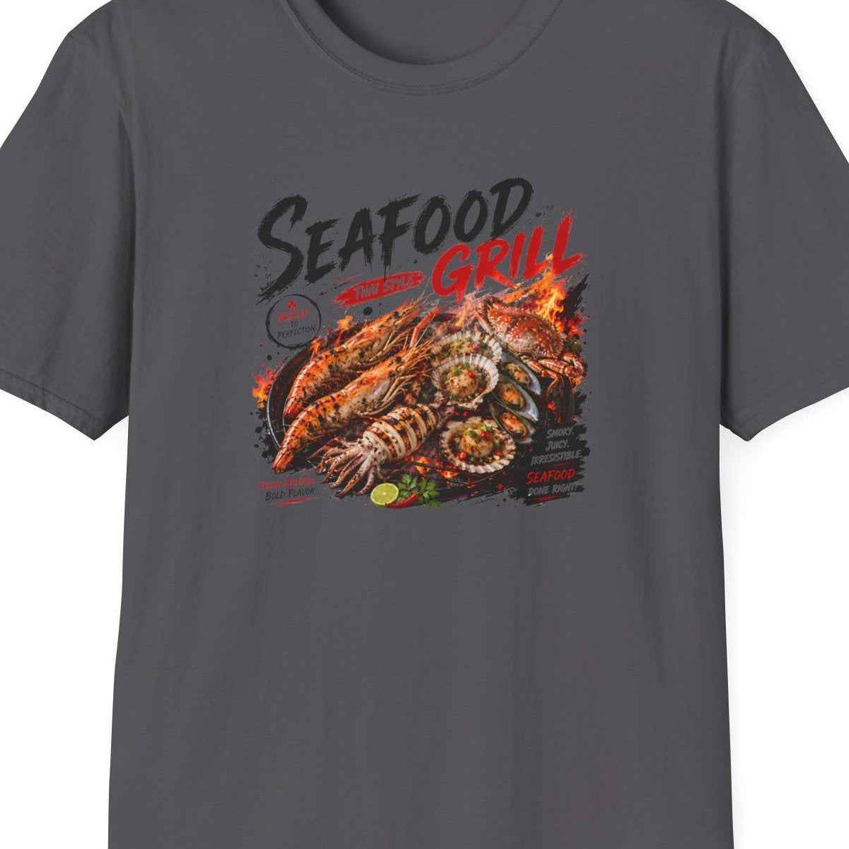 Schwarz Seafood Grill T-Shirt – Design Nahaufnahme