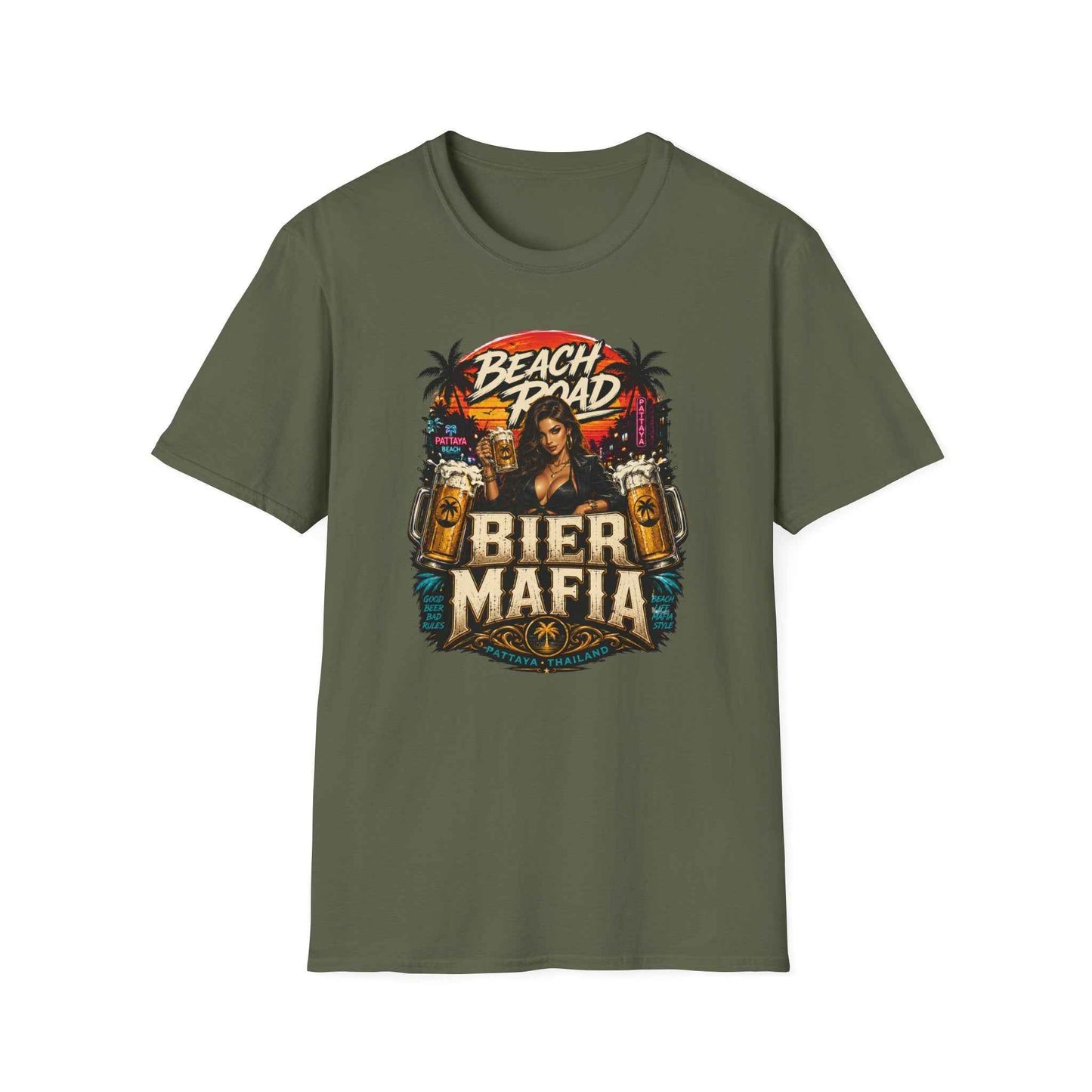 Beach Road Bier Mafia T-Shirt Military Green Pattaya Thailand Graphic Tee