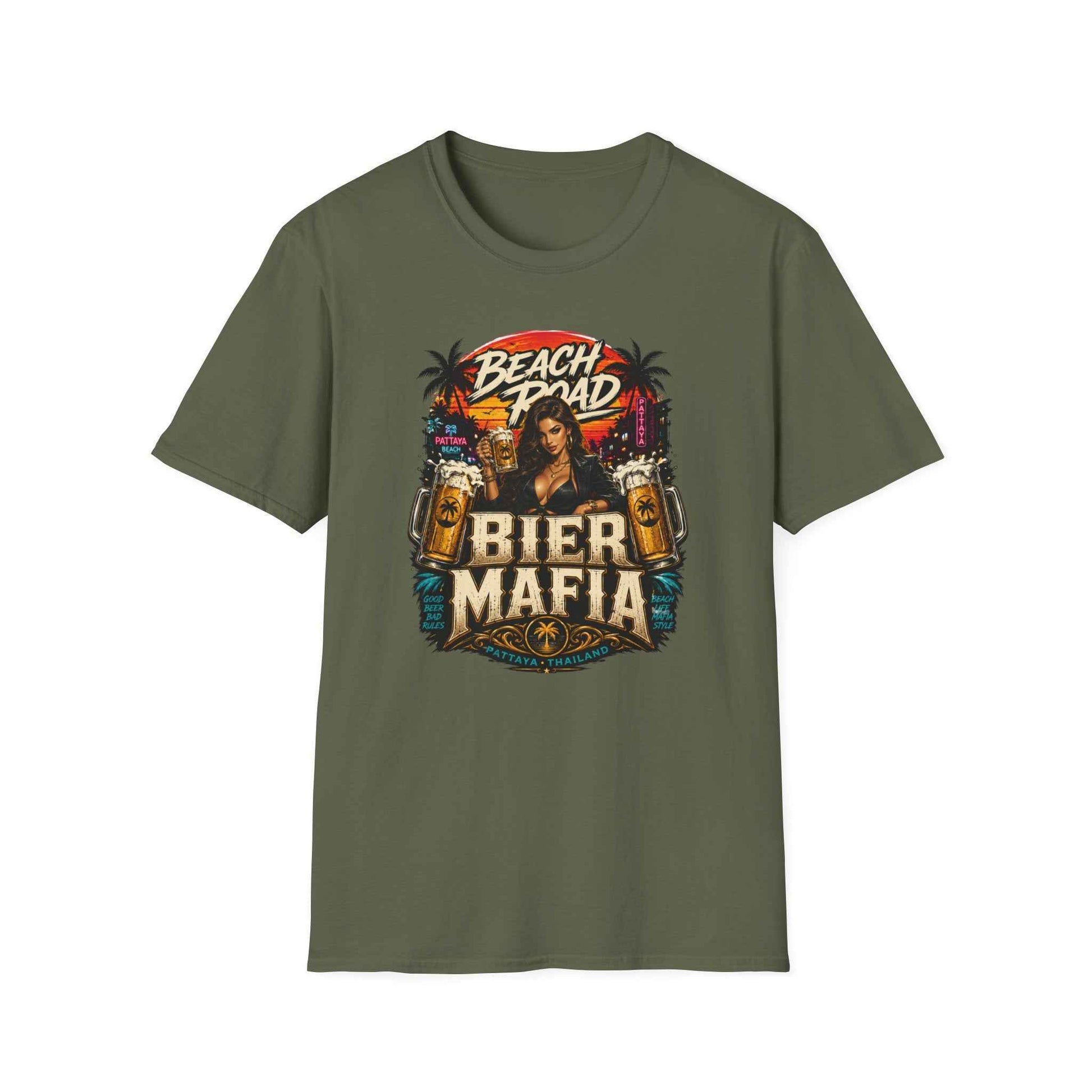 Beach Road Bier Mafia T-Shirt Military Green Pattaya Thailand Graphic Tee
