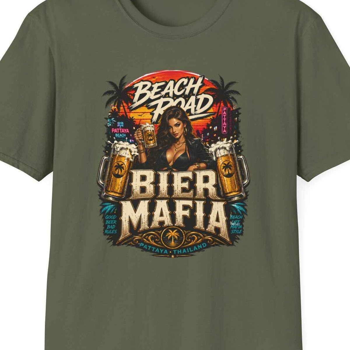 Beach Road Bier Mafia T-Shirt Military Green Pattaya Thailand Graphic Tee – Design Nahaufnahme