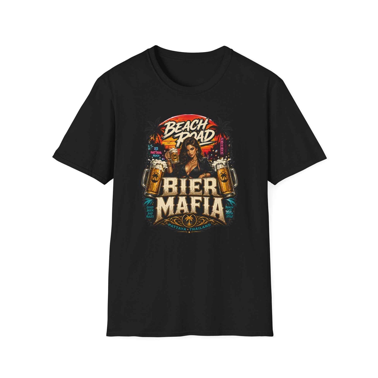 Beach Road Bier Mafia T-Shirt Schwarz Pattaya Thailand Graphic Tee Unisex