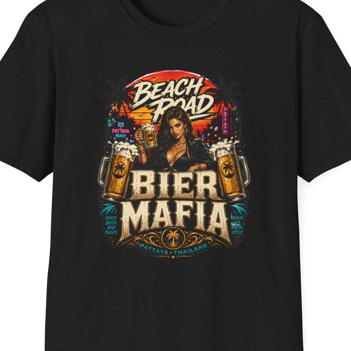 Beach Road Bier Mafia T-Shirt Schwarz Pattaya Thailand Graphic Tee Unisex – Design Nahaufnahme