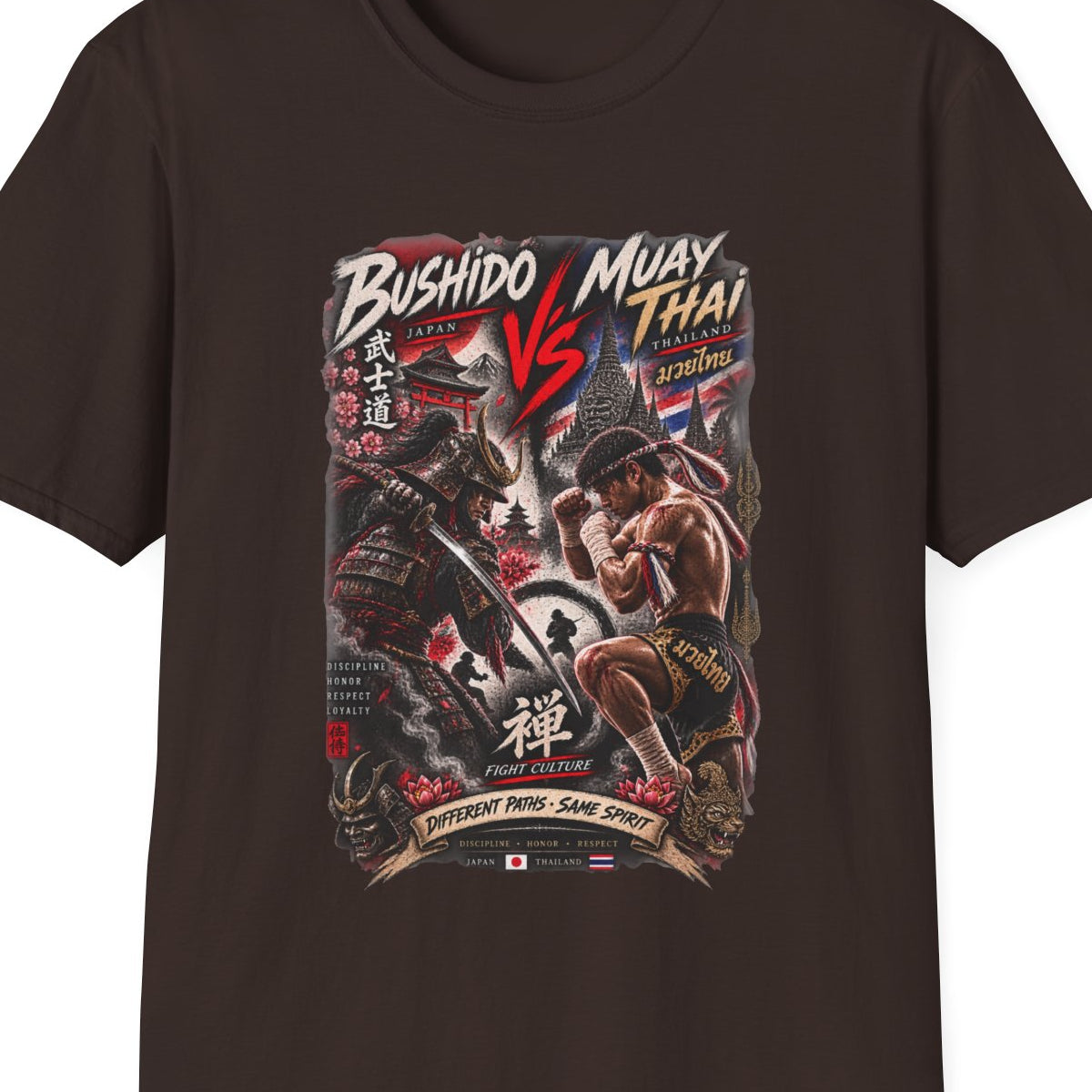 Bushido vs Muay Thai T-Shirt Dark Chocolate — Samurai Kämpfer Streetwear Vorderansicht