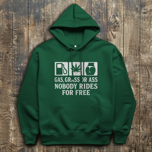 Herren Hoodie „Gas Grass or Ass – Nobody Rides for Free“ – Hoodie Designdetail Nahaufnahme
