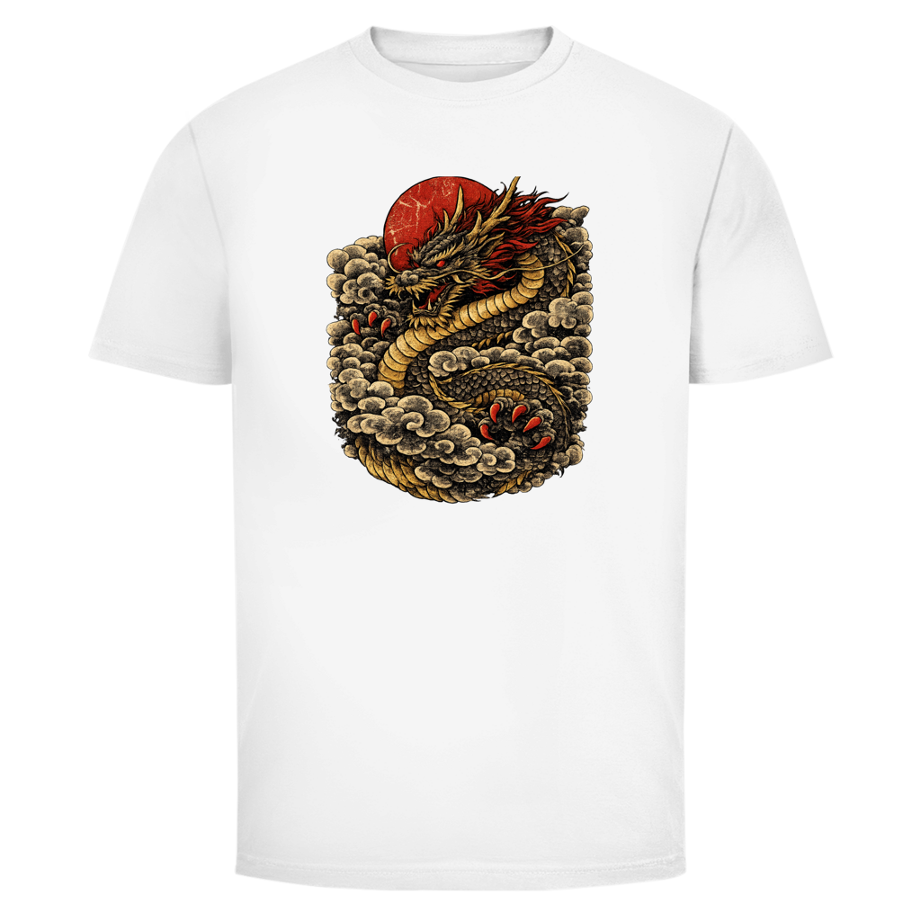 Dragon T-Shirt — Golden Dragon Rising Asia Streetwear Graphic Tee | Drachen Geschenk – T-Shirt Rückansicht