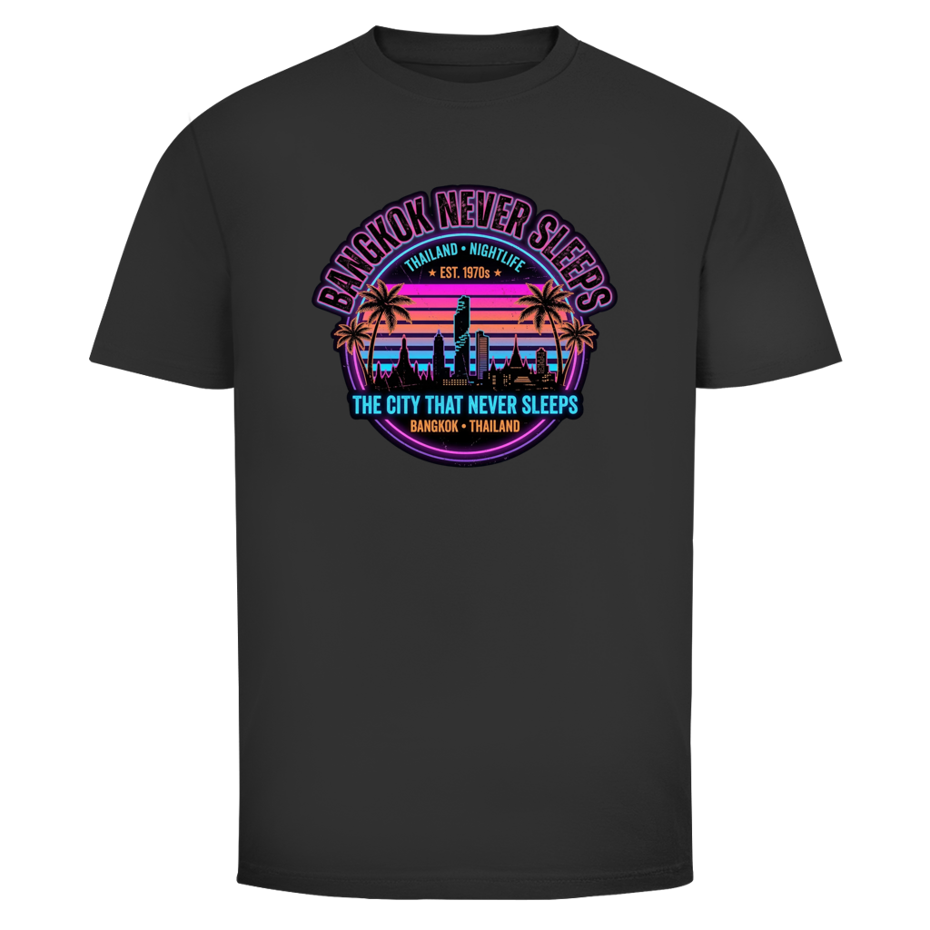 Bangkok Never Sleeps T-Shirt — Thailand Nightlife Vintage Graphic Tee | Reise Geschenk – T-Shirt Frontansicht