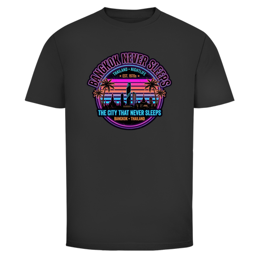 Bangkok Never Sleeps T-Shirt — Thailand Nightlife Vintage Graphic Tee | Reise Geschenk – T-Shirt Frontansicht