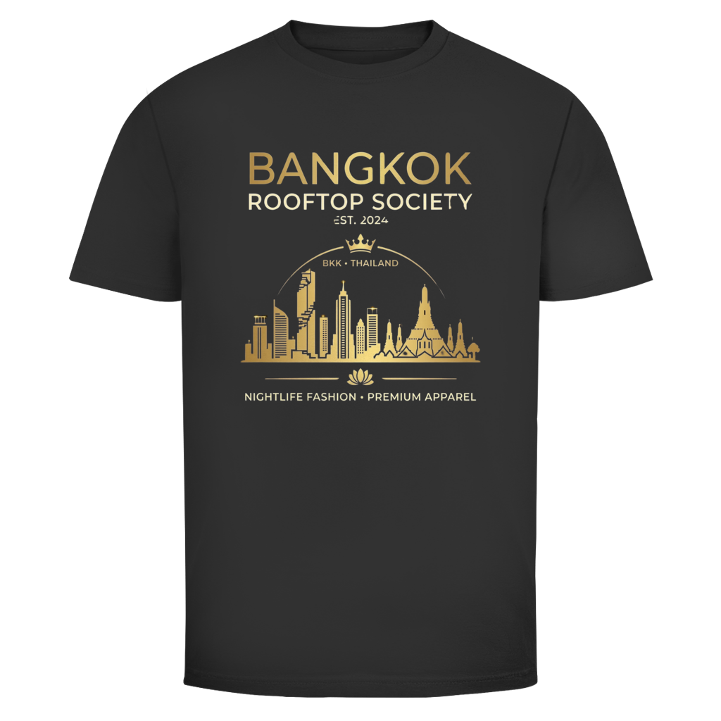 Bangkok Rooftop Society T-Shirt — Thailand Skyline Streetwear Graphic Tee | Thailand Geschenk – Angelschnur Frontansicht