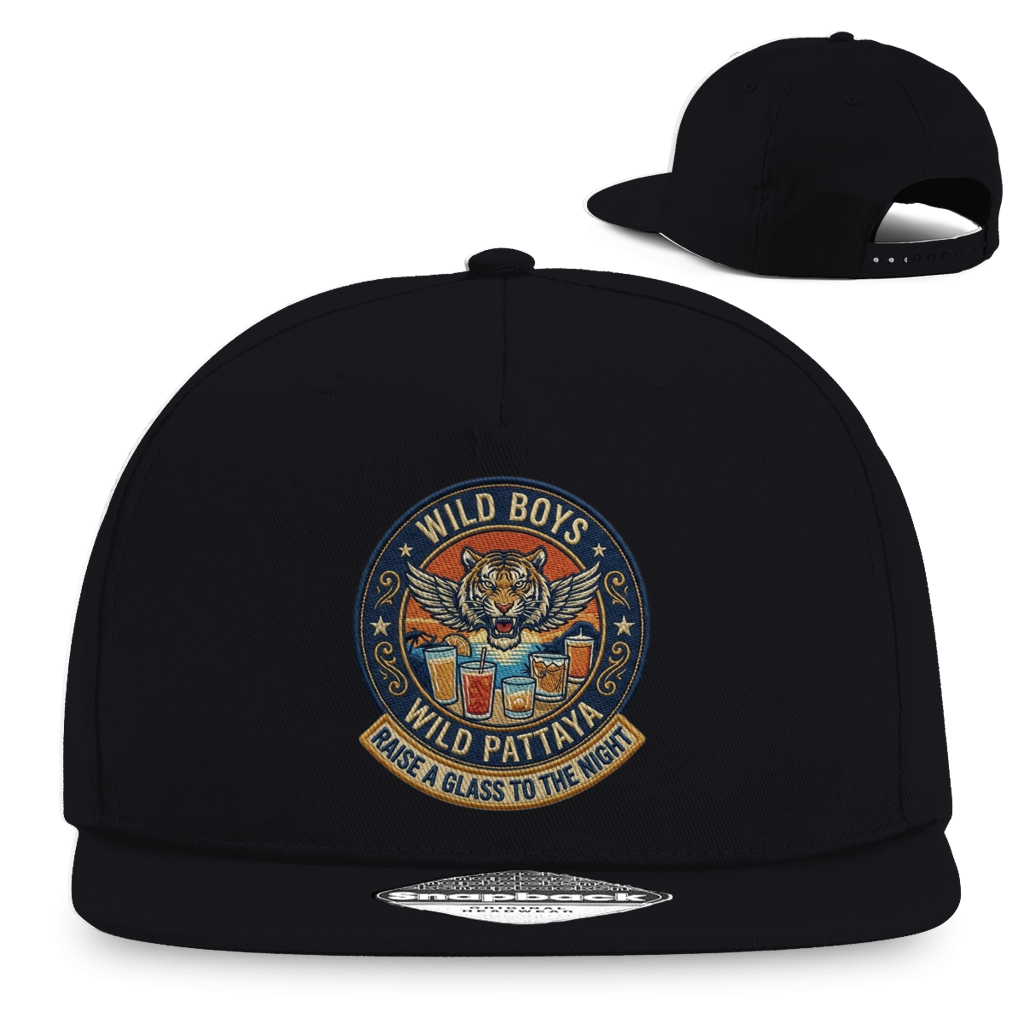 Wild Pattaya Snapback Cap – Raise a Glass to the Night – T-Shirt Designdetail Nahaufnahme