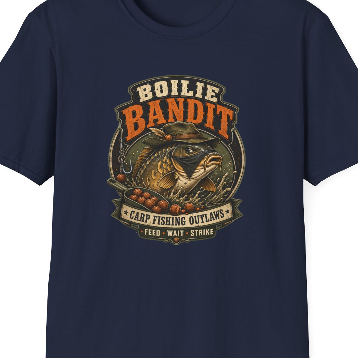 Boilie Bandit Angler T-Shirt Navy Karpfenangler Geschenk Vorderansicht – Design Nahaufnahme