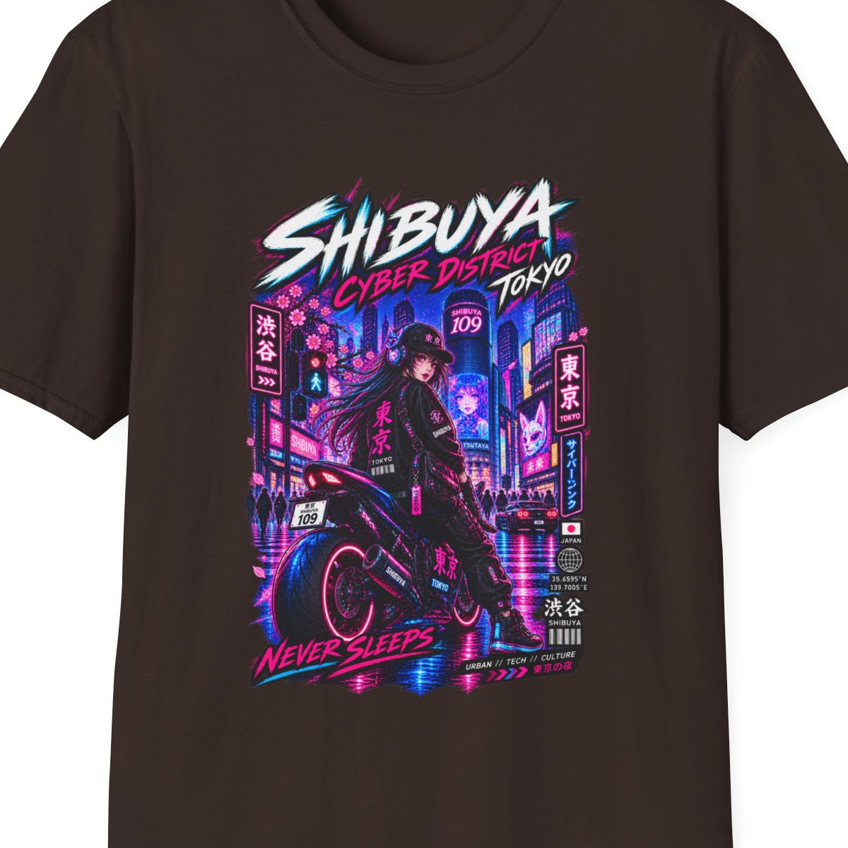 Shibuya Cyber District T-Shirt Dark Chocolate – Cyberpunk Streetwear Vorderansicht – Design Nahaufnahme