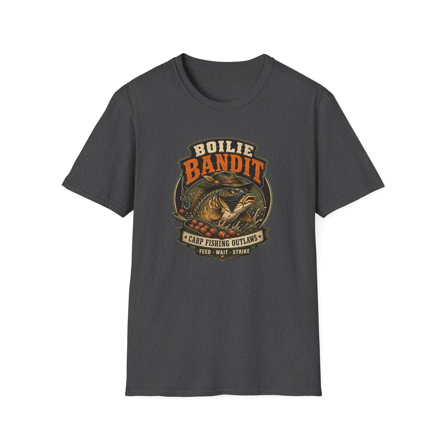 Boilie Bandit Angler T-Shirt Grau Meliert Karpfenangeln Vintage Badge
