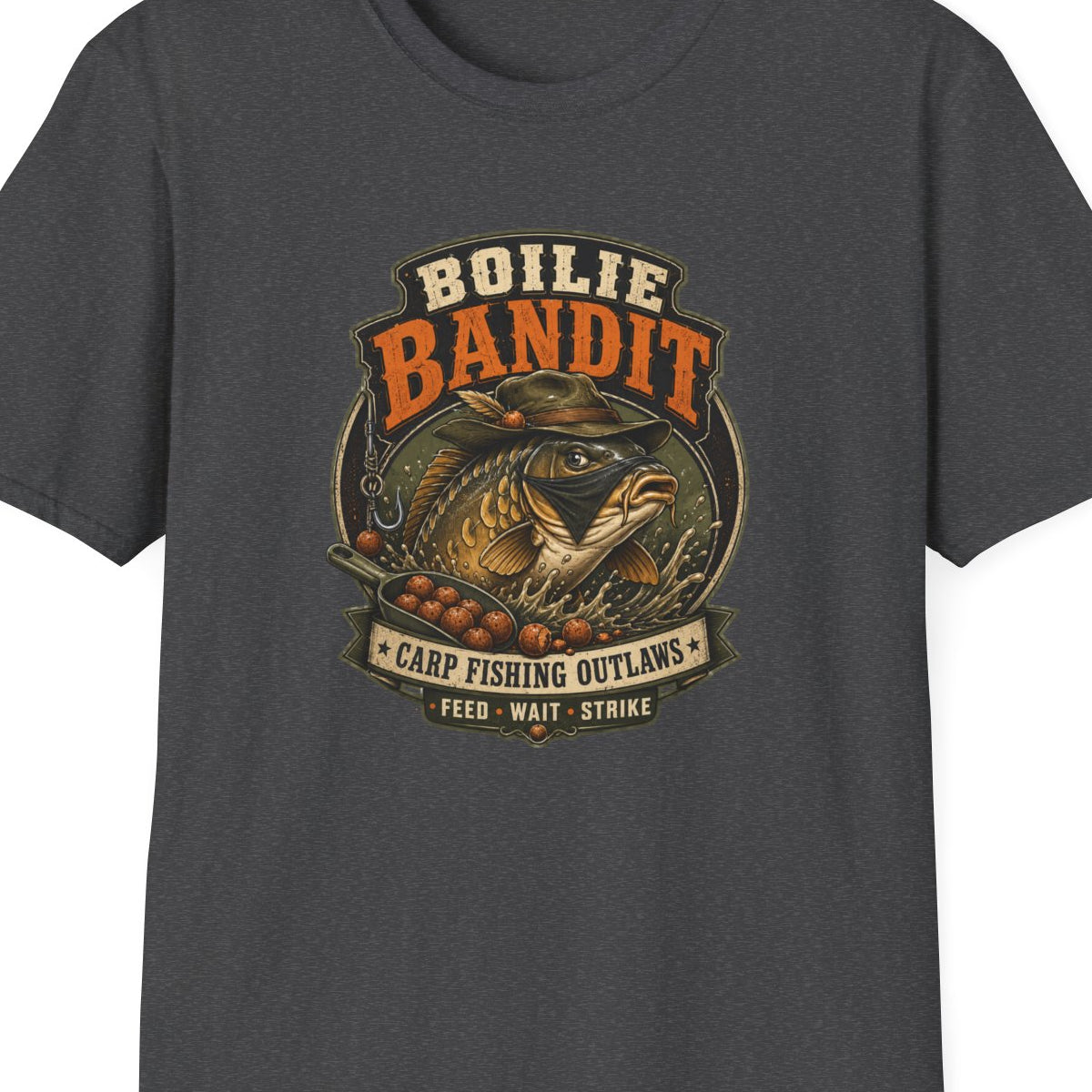Boilie Bandit Angler T-Shirt Grau Meliert Karpfenangeln Vintage Badge – Design Nahaufnahme