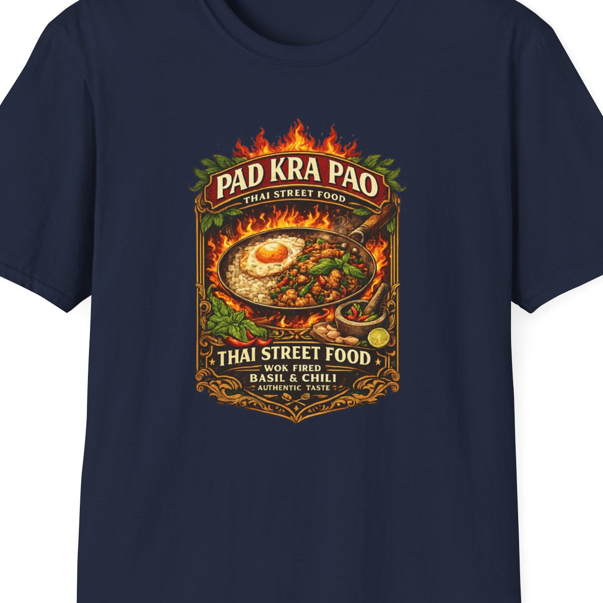 Pad Kra Pao T-Shirt navy blau Thai Street Food Graphic Tee Unisex – Design Nahaufnahme