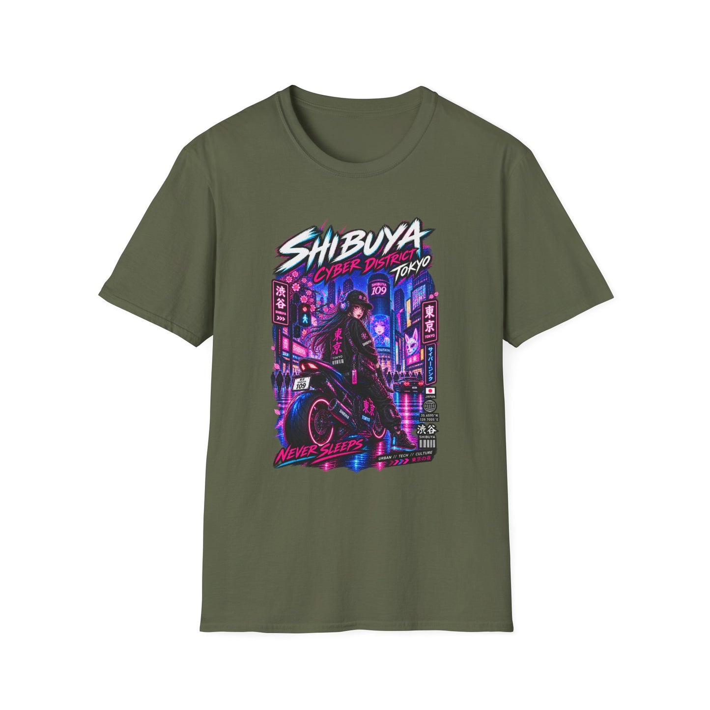 Shibuya Cyber District T-Shirt Military Green – Cyberpunk Streetwear Vorderansicht