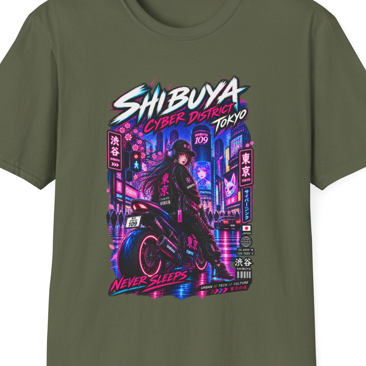 Shibuya Cyber District T-Shirt Military Green – Cyberpunk Streetwear Vorderansicht – Design Nahaufnahme