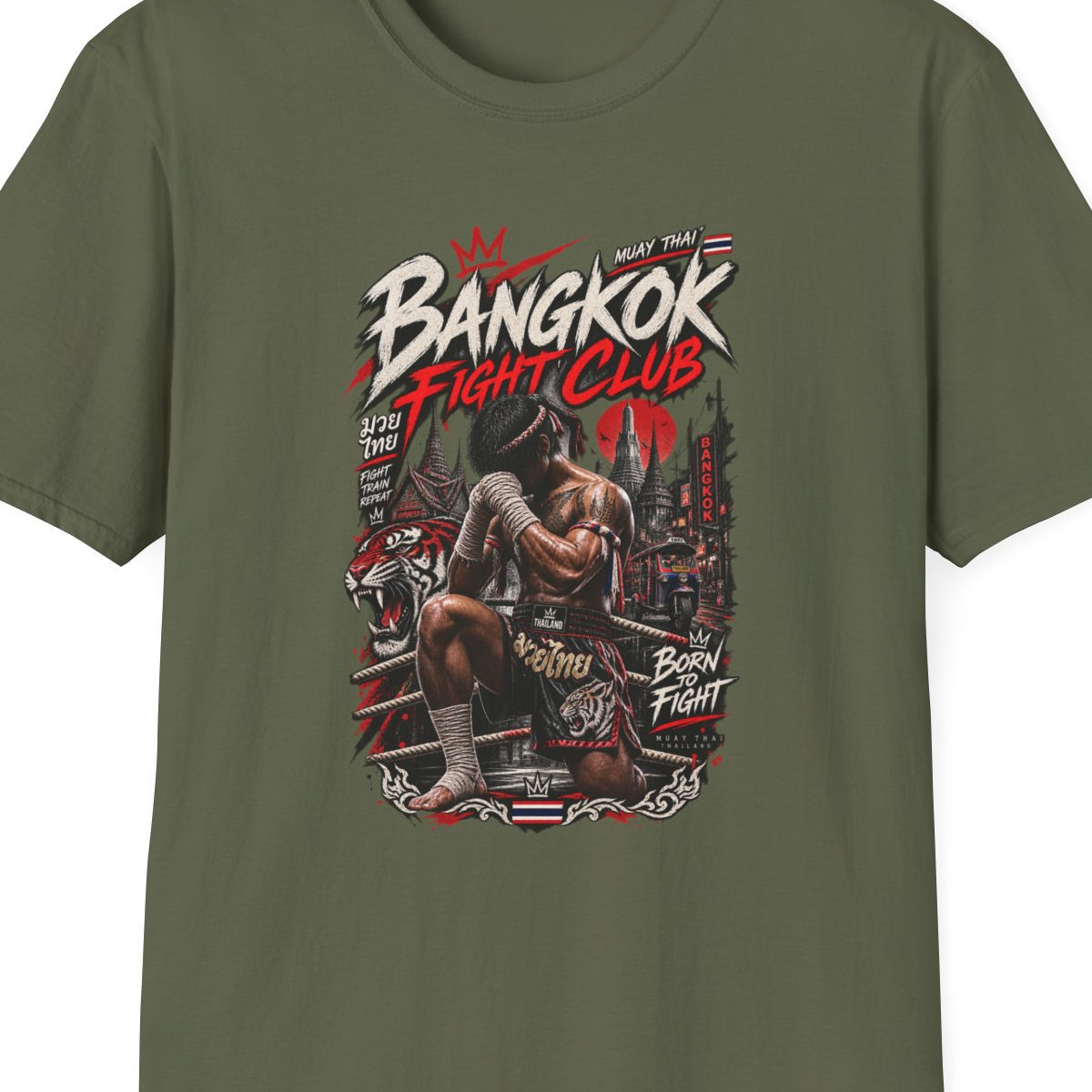 Military Green Muay Thai Crown Fighter T-Shirt – Design Nahaufnahme