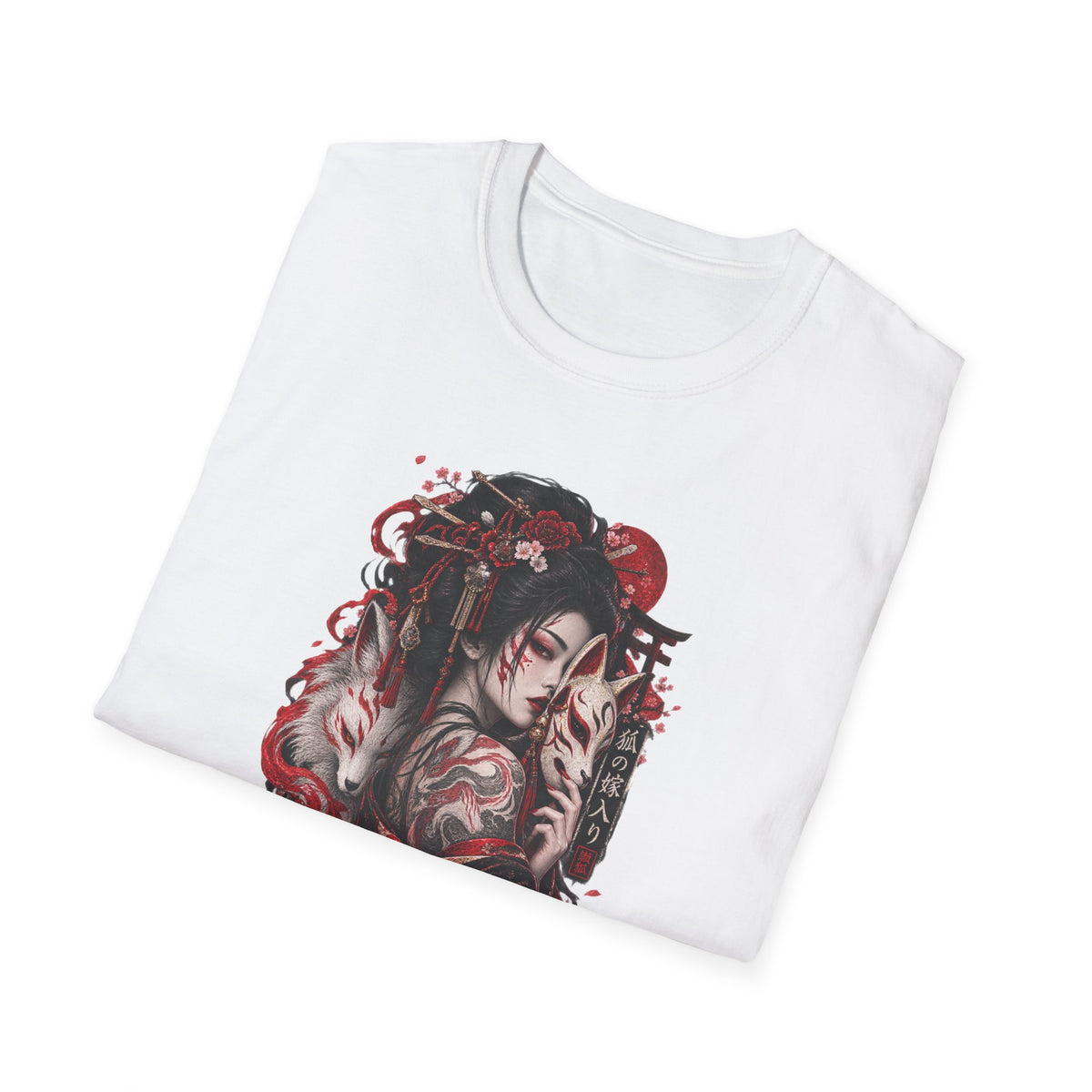 Geisha Kitsune T-Shirt Weiß — Design Nahaufnahme Kitsune Fuchsgeist