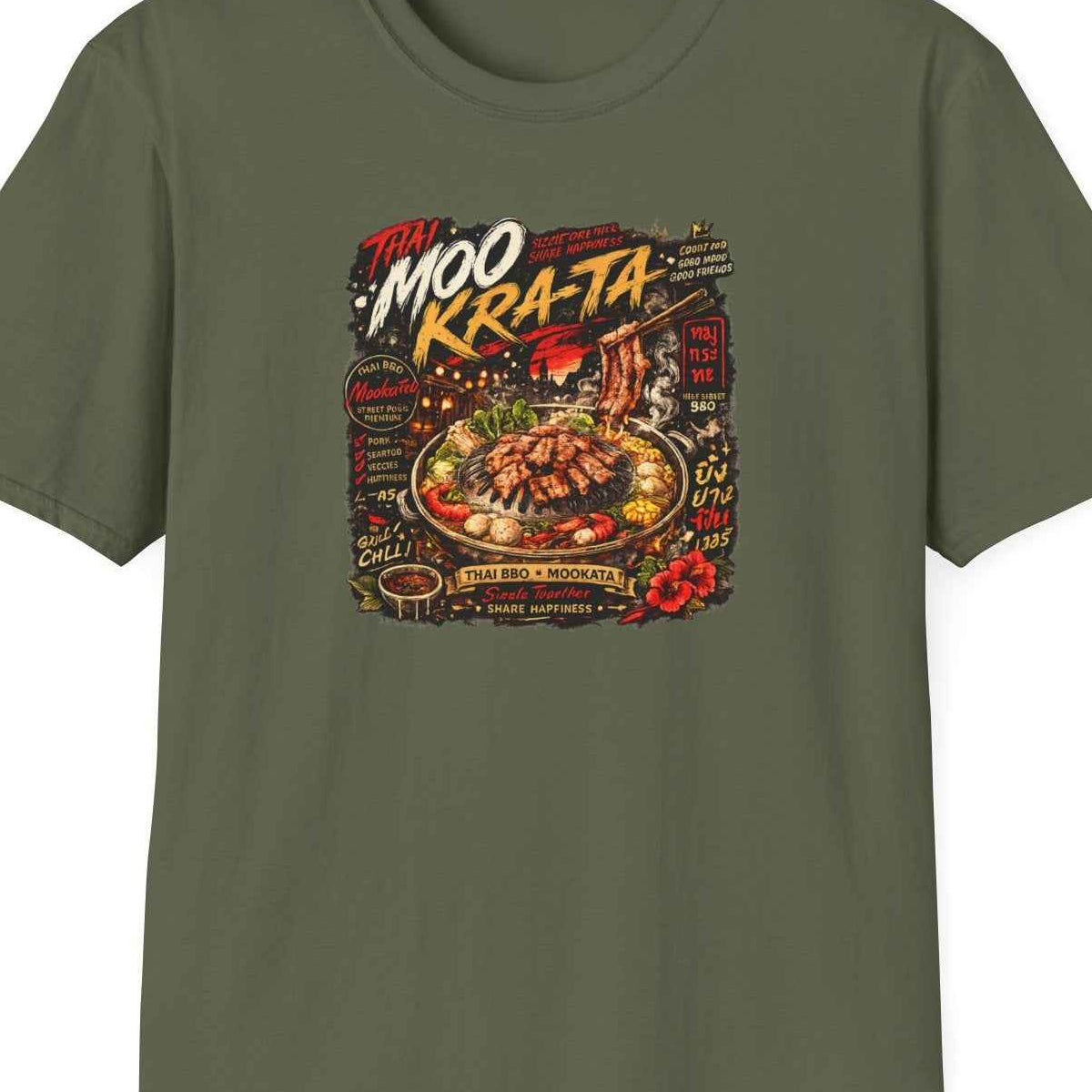 Mookata T-Shirt – Thai BBQ Grill Streetwear Herren Damen – Design Nahaufnahme
