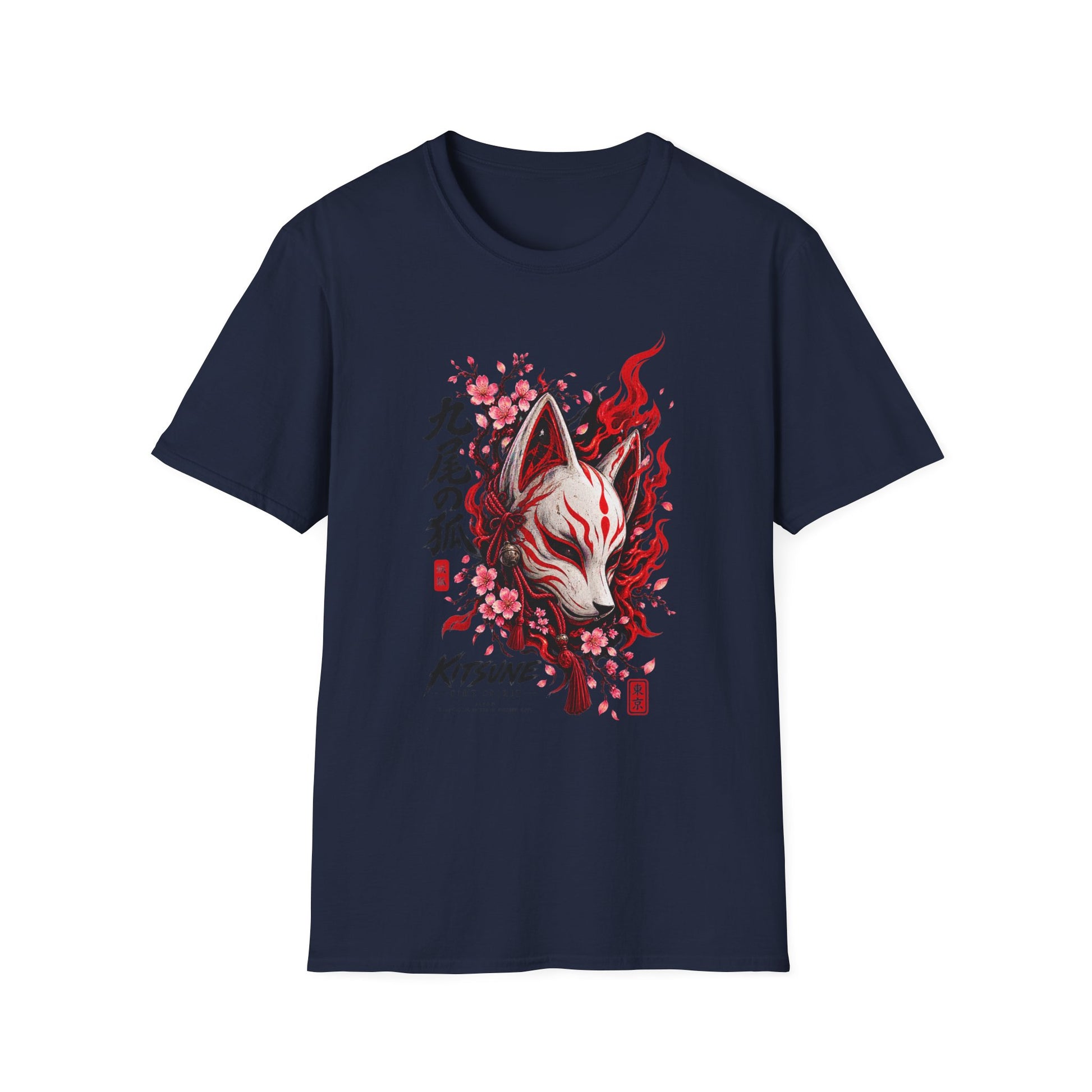 Kitsune Fire Spirit T-Shirt Navy — Feuerfuchs Streetwear Vorderansicht