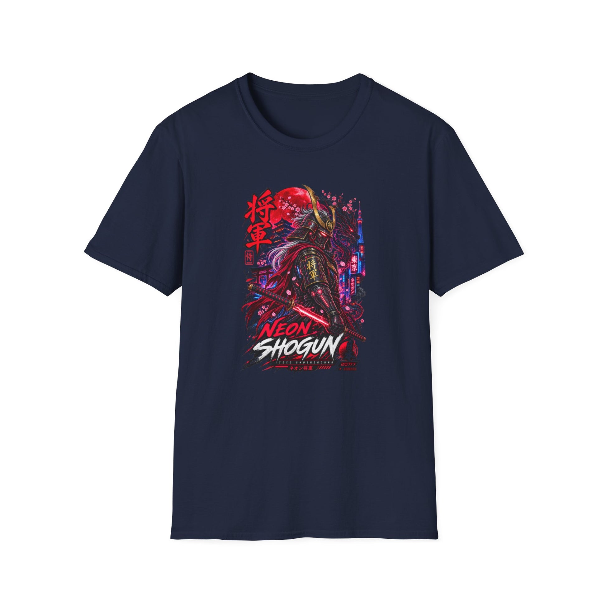 Neon Shogun T-Shirt Navy – Cyberpunk Samurai Streetwear Vorderansicht
