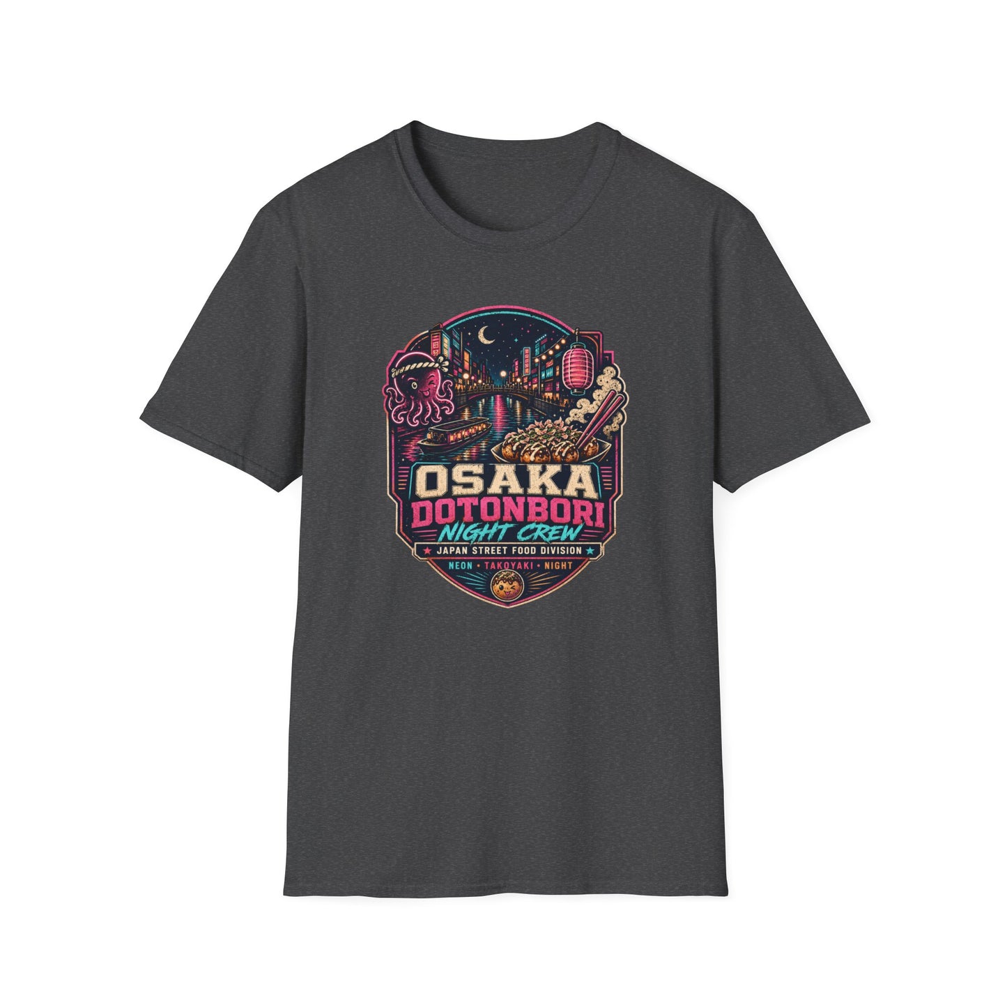 Osaka Dotonbori T-Shirt dunkelgrau meliert Japan Street Food Graphic Tee Vorderansicht