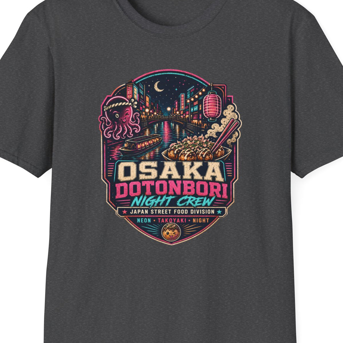 Osaka Dotonbori T-Shirt dunkelgrau meliert Japan Street Food Graphic Tee Vorderansicht – Design Nahaufnahme