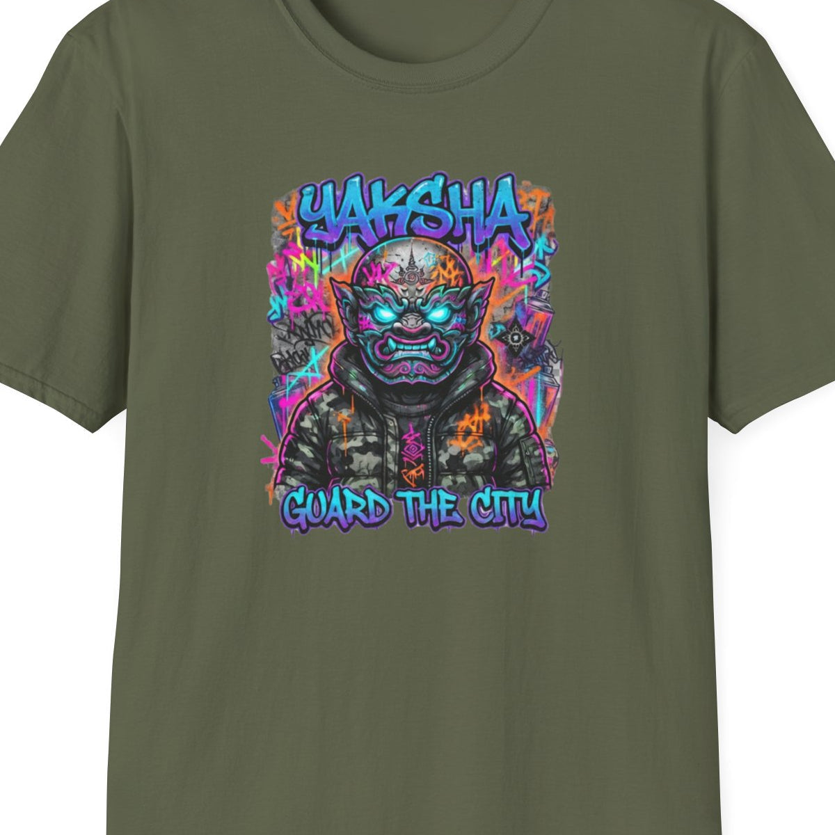 Yaksha T-Shirt Military Green — Neon Dämon Streetwear Vorderansicht – Design Nahaufnahme