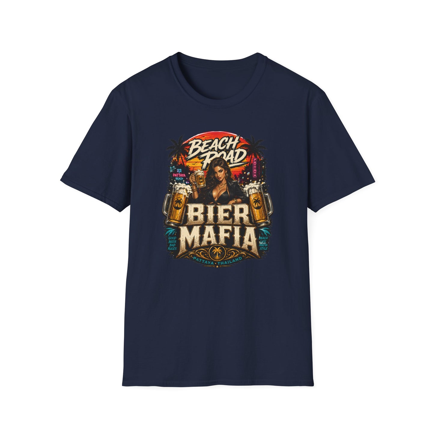 Beach Road Bier Mafia T-Shirt Navy Pattaya Thailand Graphic Tee Unisex