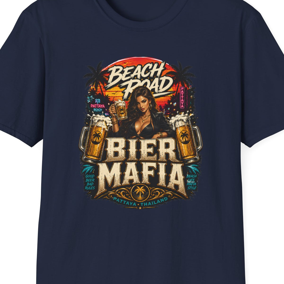 Beach Road Bier Mafia T-Shirt Navy Pattaya Thailand Graphic Tee Unisex – Design Nahaufnahme