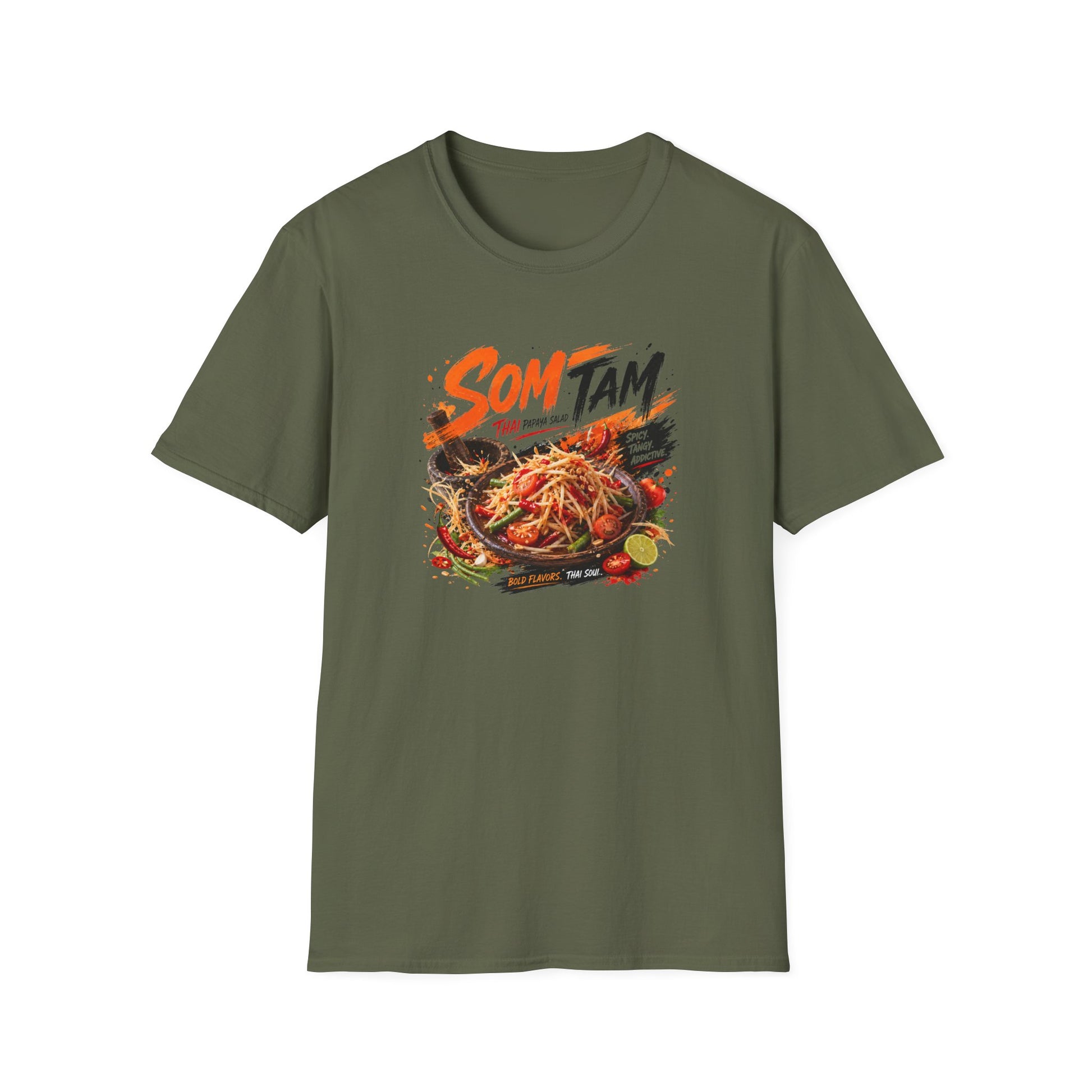 Som Tam T-Shirt Military Green — Thai Papaya Salad Streetwear Vorderansicht