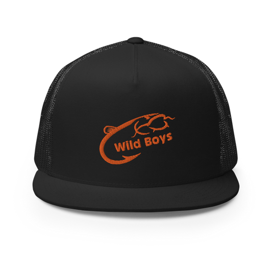 Schwarze 5-Panel Trucker Cap mit orange Wild Boys Fisch Logo, Angler Zubehör