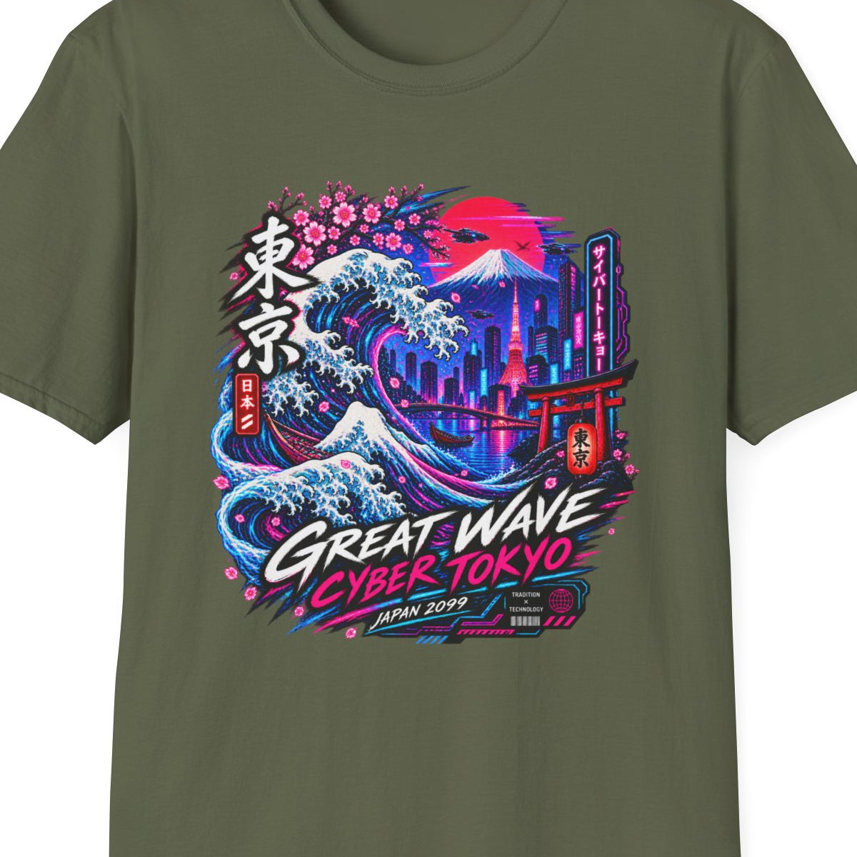 Military Green Neon Tokyo Wave T-Shirt – Design Nahaufnahme