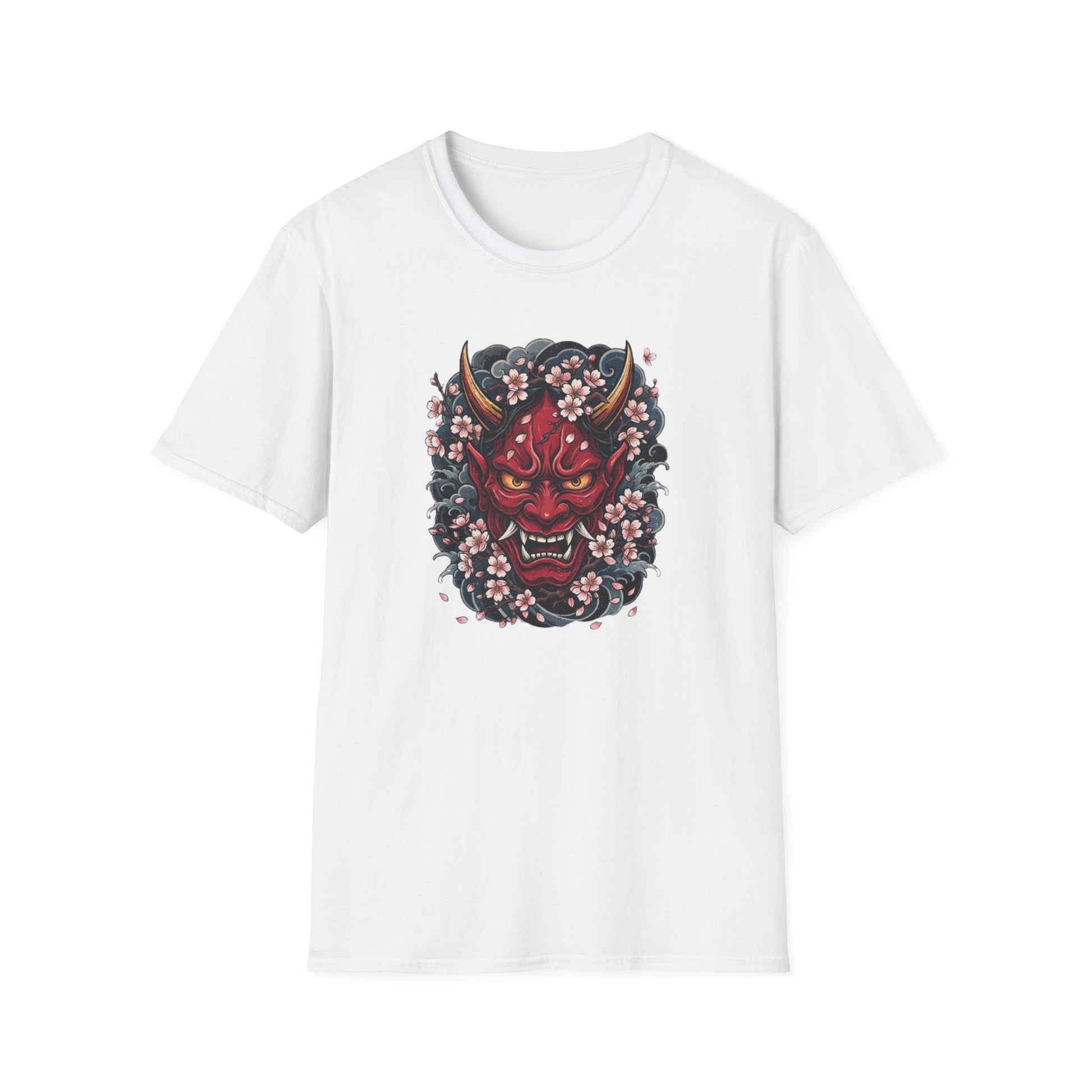 Hannya Maske T-Shirt weiß — Kirschblüten Dämon Graphic Tee Japanese Streetwear