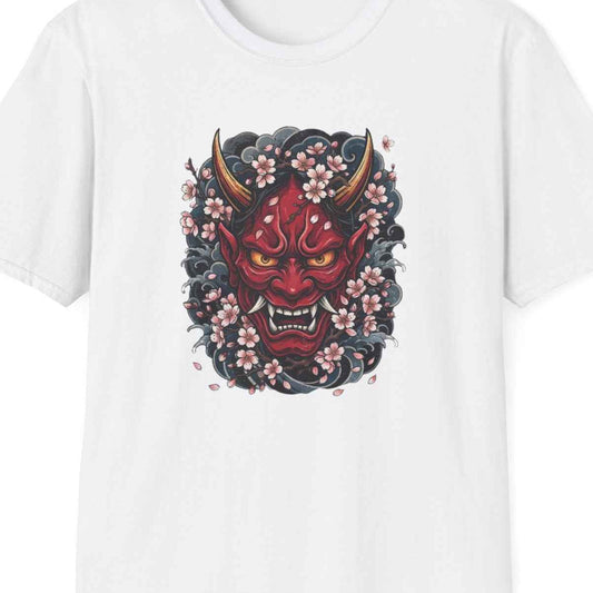 Hannya Maske Kirschblüten T-Shirt — Japanese Streetwear Dämon Herren Damen – Design Nahaufnahme