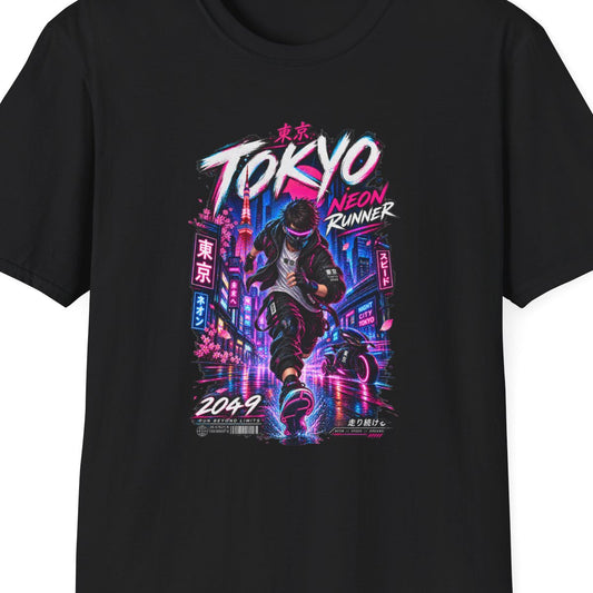 Black Tokyo Neon Runner T-Shirt – Design Nahaufnahme