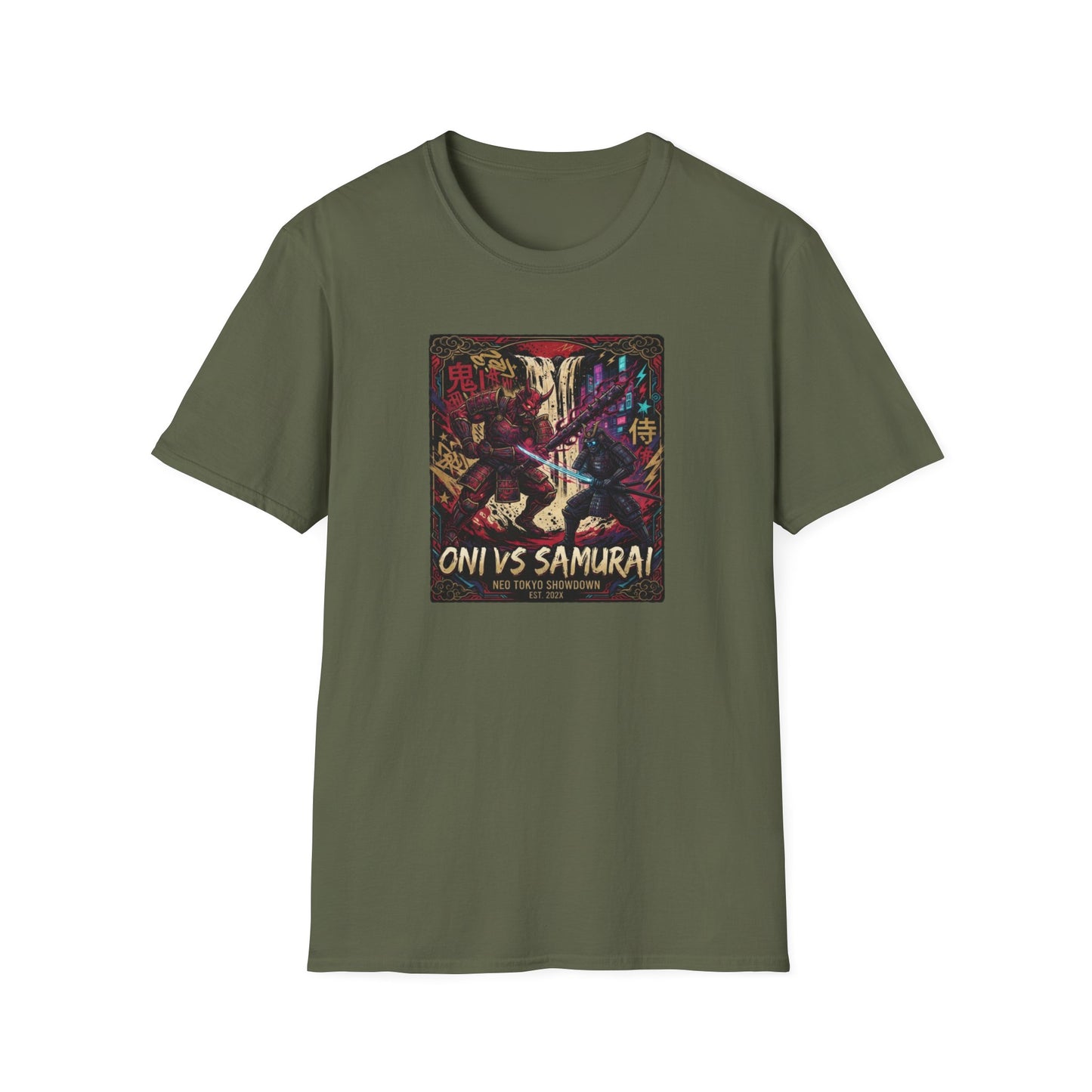 Oni vs Samurai T-Shirt Military Green – Japanese Streetwear Anime Vorderansicht