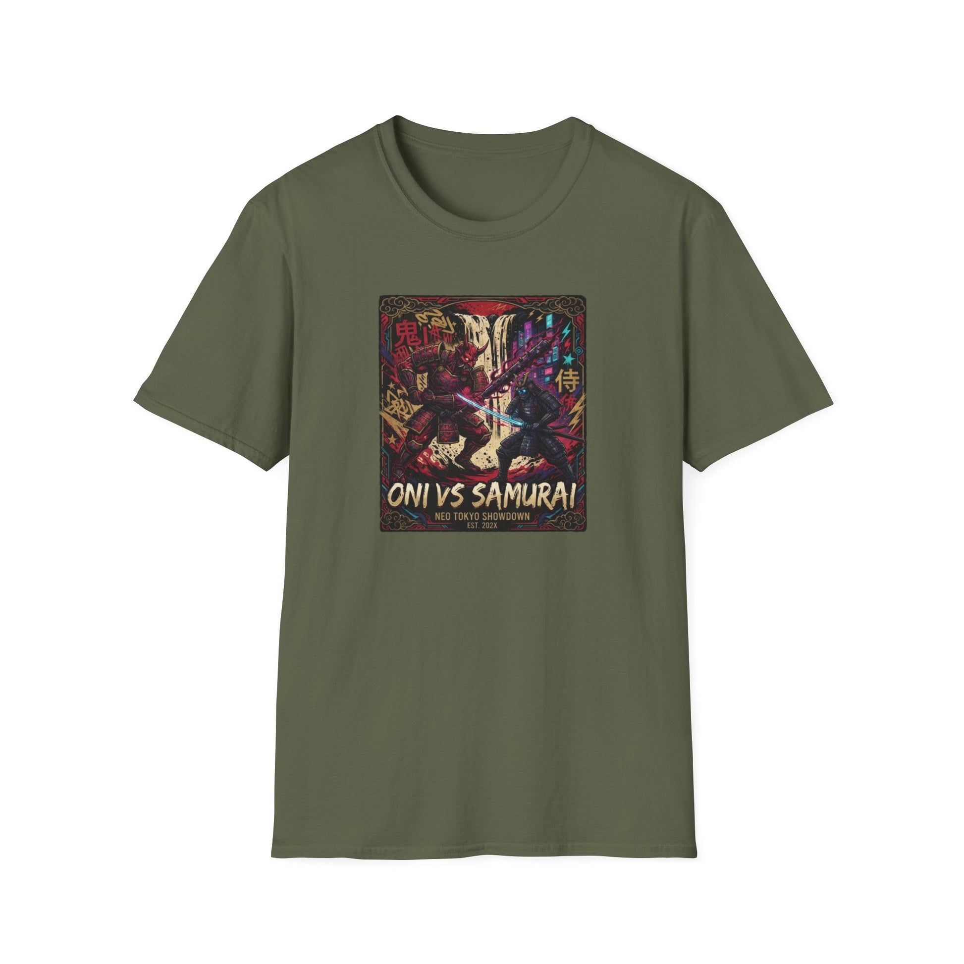 Oni vs Samurai T-Shirt Military Green – Japanese Streetwear Anime Vorderansicht