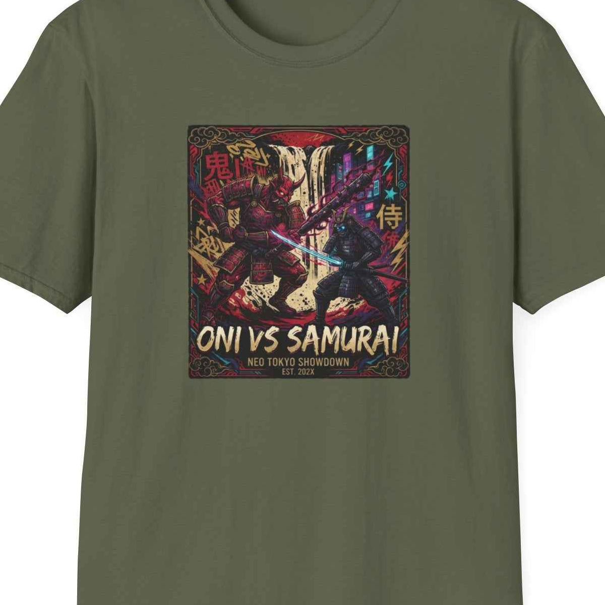 Oni vs Samurai T-Shirt – Japanese Streetwear Anime Kanji Herren Damen Unisex – Design Nahaufnahme
