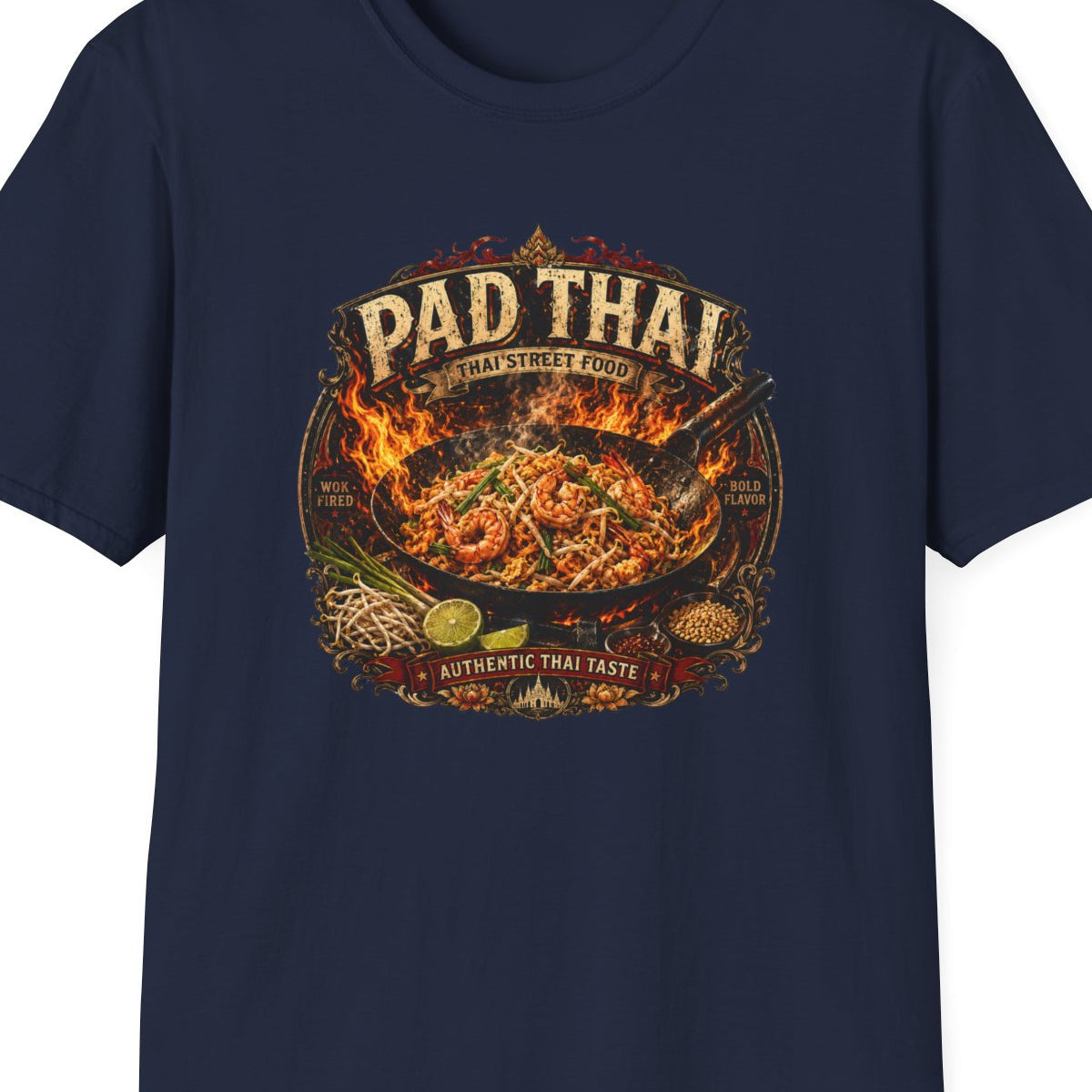 Pad Thai T-Shirt navy — Thai Street Food Streetwear Vorderansicht – Design Nahaufnahme