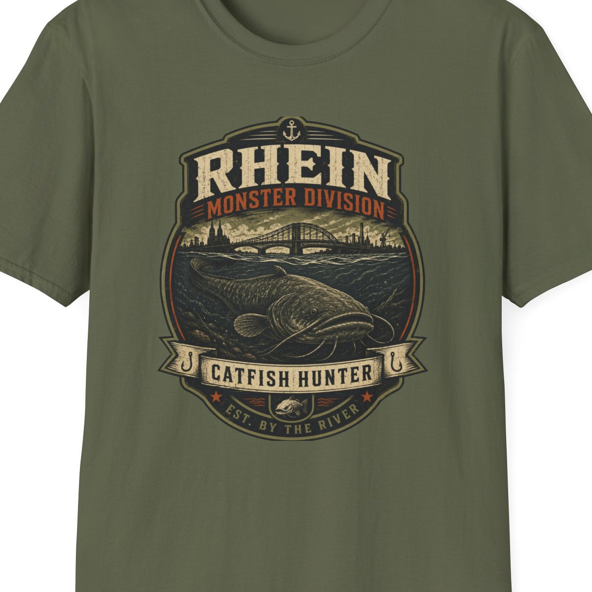 Rhein Monster Division T-Shirt grün Angler Geschenk Vatertag – Design Nahaufnahme