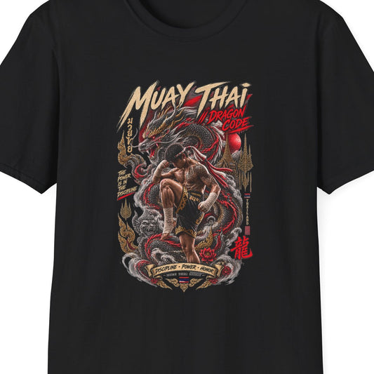 Muay Thai Dragon Code T-Shirt schwarz — Thai Boxing Drachen Kämpfer Streetwear Vorderansicht