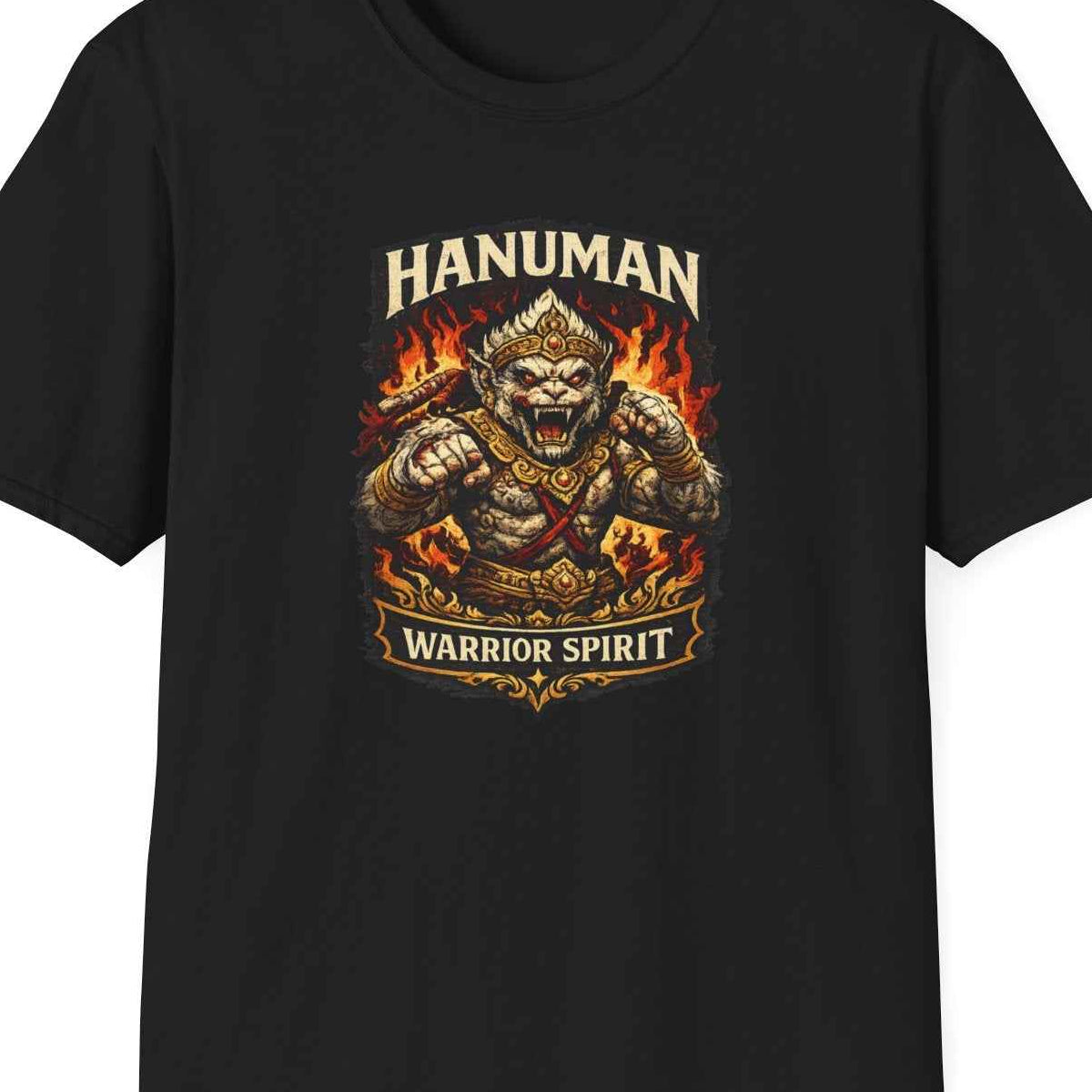 Black Hanuman Warrior Spirit T-Shirt – Design Nahaufnahme