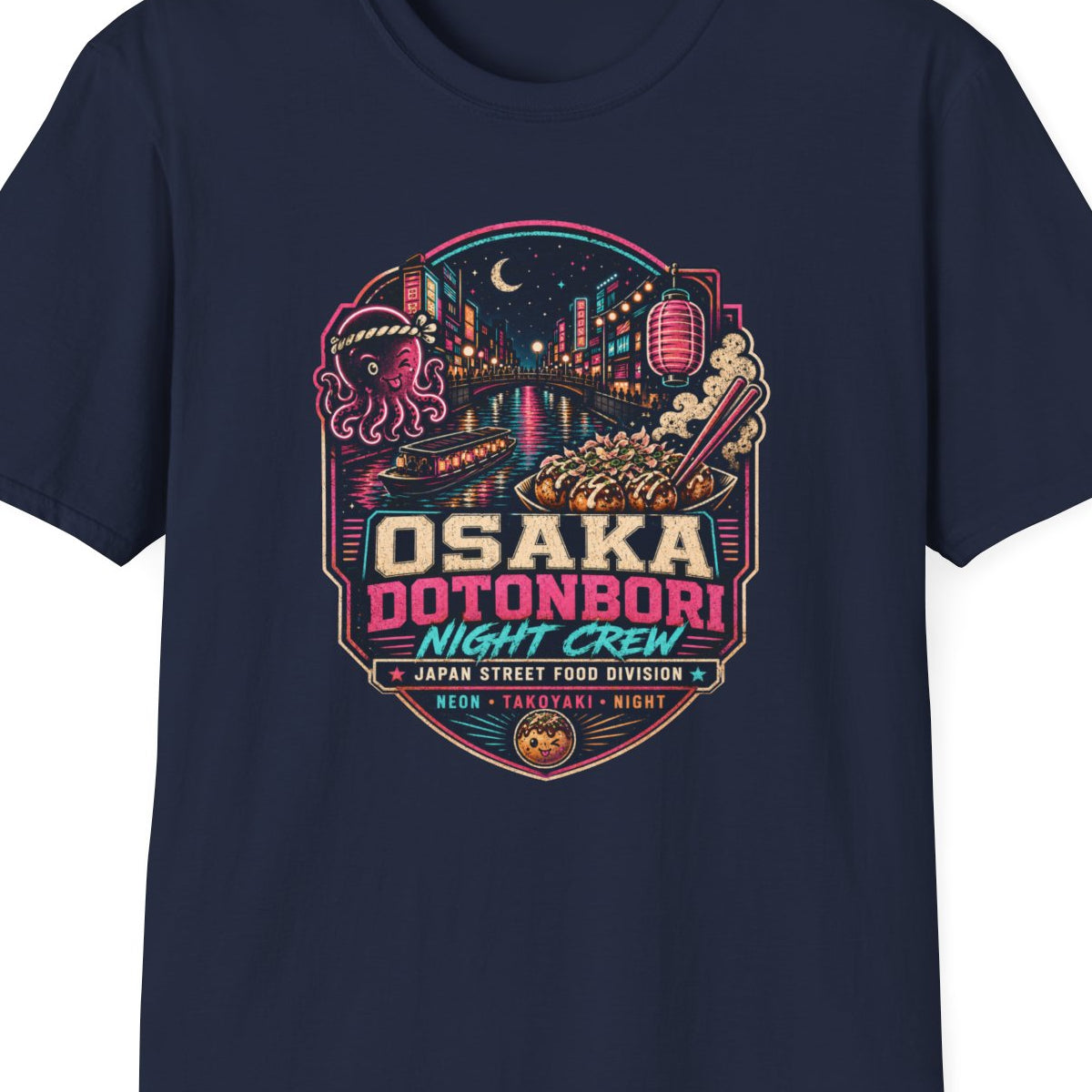 Osaka Dotonbori T-Shirt navy Japan Street Food Graphic Tee Vorderansicht – Design Nahaufnahme